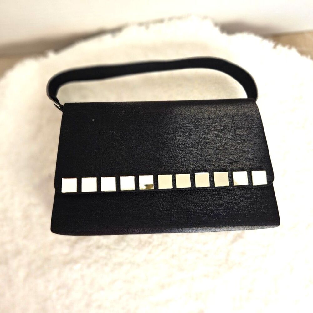 Y2K Sleek Black Flap Evening Purse Shoulder Bag Silver Mirror Tiles